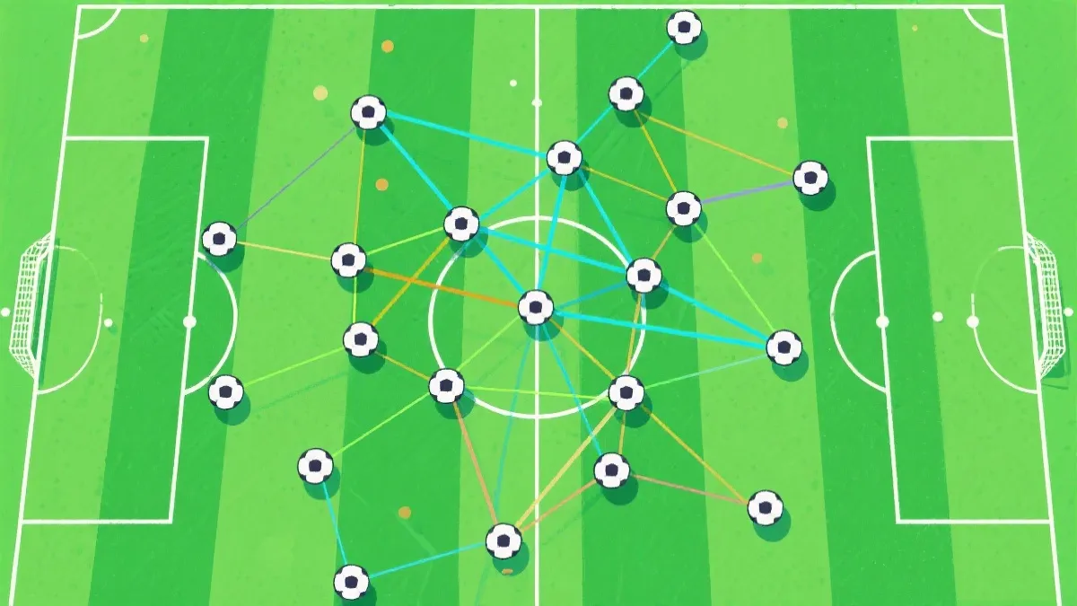 国家队中场传球网络图示意：枢纽节点与连线粗细
