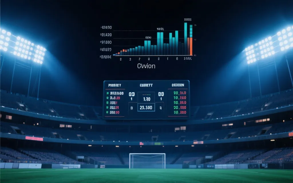 夜晚球场的记分牌与数据面板，象征将直觉转化为可验证区间